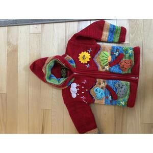 Vintage Red Hooded Kids Sweater with Colorful Knitted Appliques